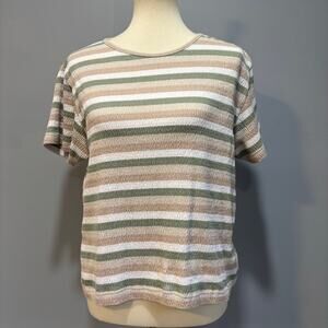 Vintage 90s Knit Striped T-Shirt Top Olive Green Beige Cream Neutral, Size M